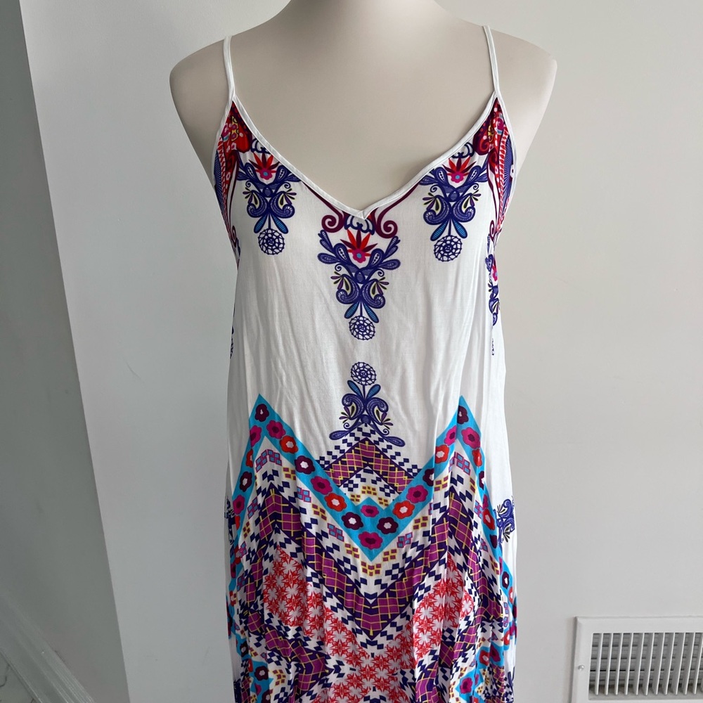 Bohemian Red, Blue & Purple Maxi Dress — V-Neck, Open Back & Side Slits